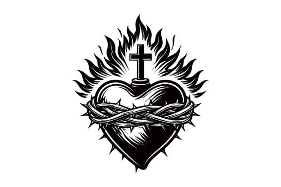 Sacred Jesus Flaming Heart Cross T-Shirt Designs